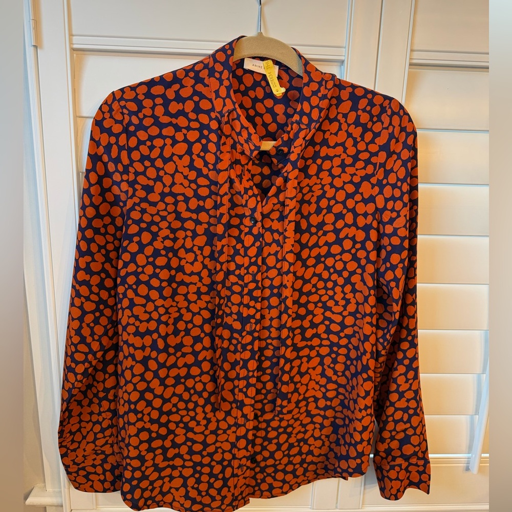 Anine Bing 100% Silk Navy and Orange Blouse with Tie Neck Band Collar